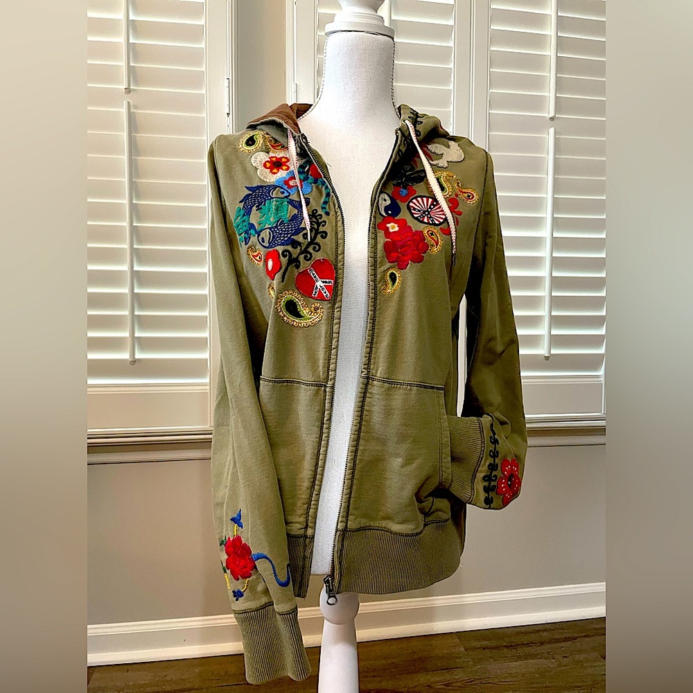 Lucky Brand Embroidered Khaki Green Zip Front Hoodie Sweatshirt Size Large